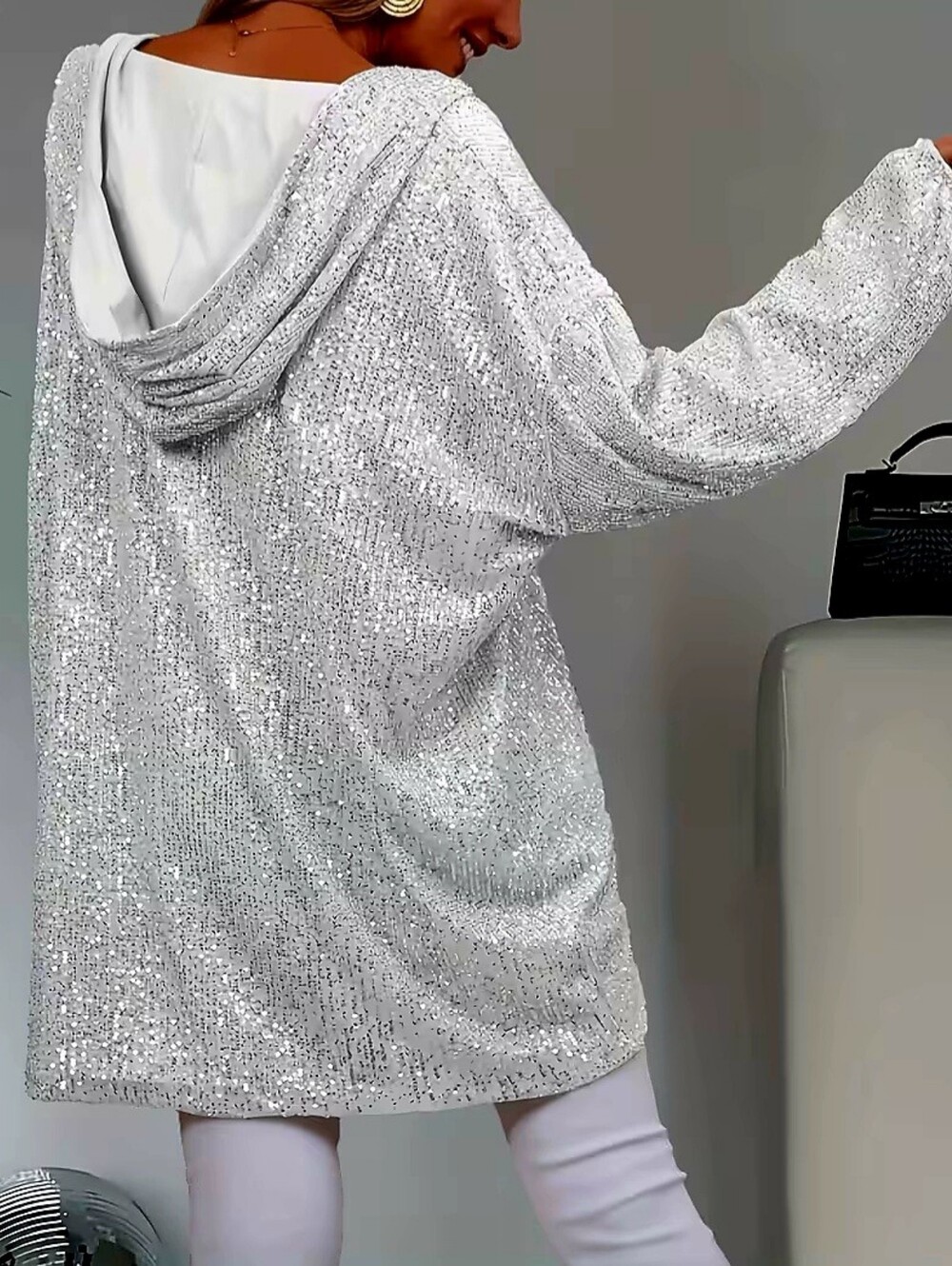 Beautiful White & Silver Sequin Sparkly V-Neck Hoodie Tunic Top